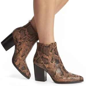 Marc Fisher Ltd Alva Python Printed Leather Bootie Pull On Block Heel Brown 9